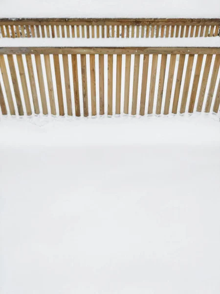 White Snow Texture Background Wooden Fence Winter — 图库照片