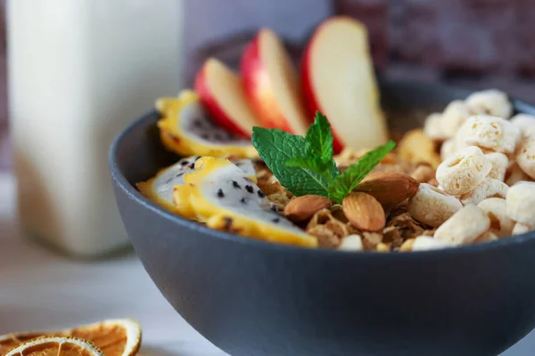 Healthy Fruit Bowl Filled Cereal Apple Dragon Fruit Milk — Fotografia de Stock
