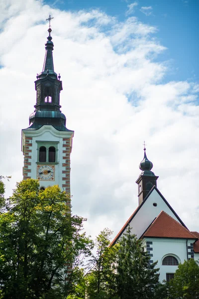 Vertical Shot Exterior Mary Church Cloudy Sky Slovenia - Stock-foto