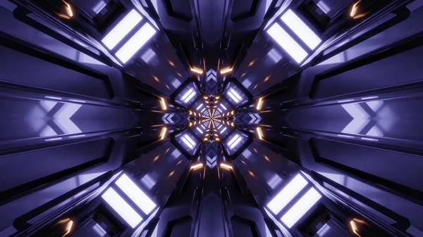 紫のネオンのポータルに向かって未来的な万華鏡の廊下の3Dレンダリング — ストック写真