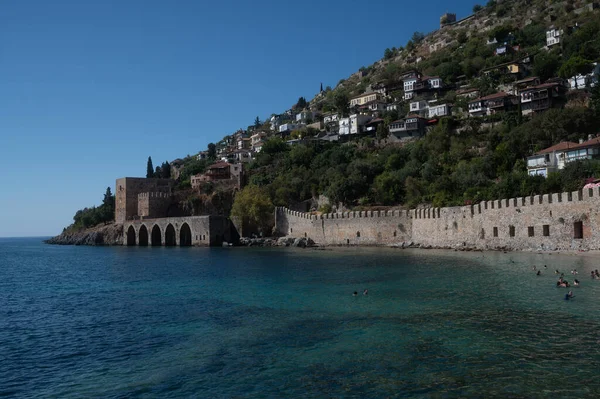 Pohled Pláž Alanya Letovisko Města Středomořském Pobřeží Krocanů — Stock fotografie