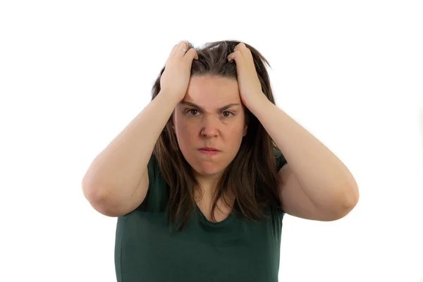 Junges Brünettes Mädchen Mit Langen Haaren Grünem Shirt Mit Wütendem — Stockfoto