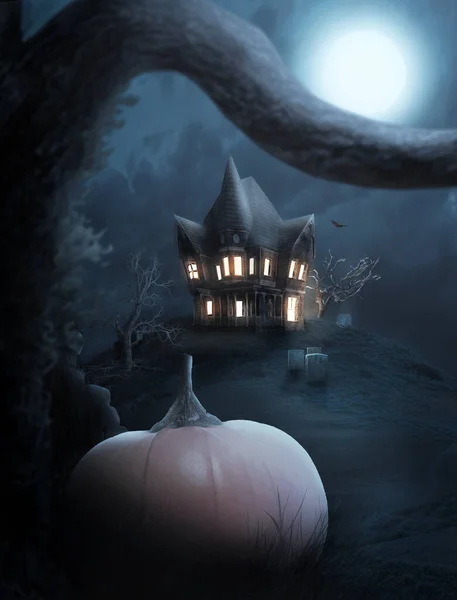 不気味な家の垂直3Dレンダリング月明かり ハロウィーンの背景 — ストック写真