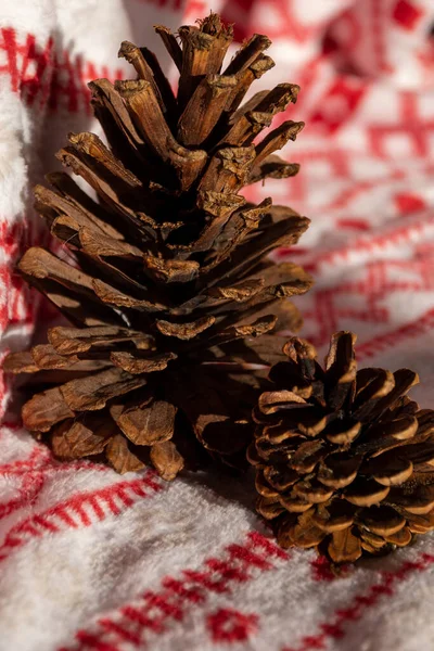 Vertical Shot Pine Cones Christmas Blanket Lights — Stock Photo, Image