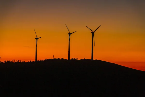 Silhouettes Wind Turbines Background Sunset — 图库照片