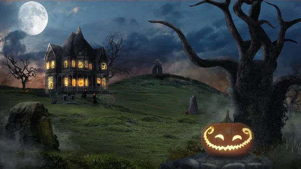 Renderelés Egy Kísérteties Ház Holdfény Halloween Háttér — Stock Fotó