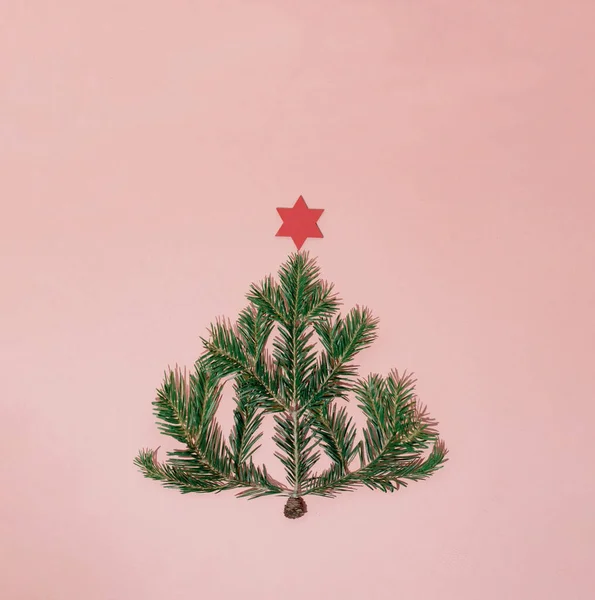 パステルピンクの表面にクリスマスの装飾のための星を持つ松の枝の閉鎖 — ストック写真