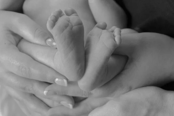 Een Grijsschaal Van Babyvoeten Moeders Handen — Stockfoto
