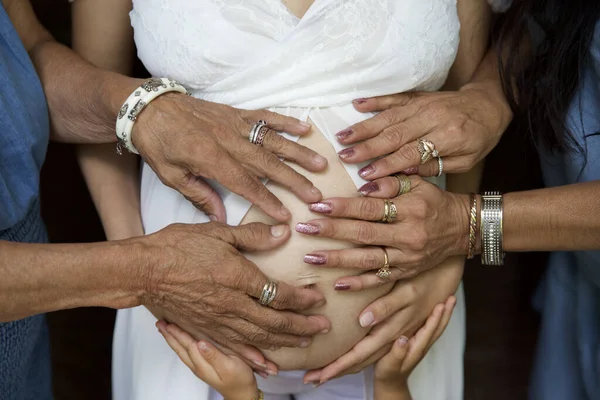 Hands Two Adult Females One Kid Touching Belly Pregnant Woman — Stock Photo, Image
