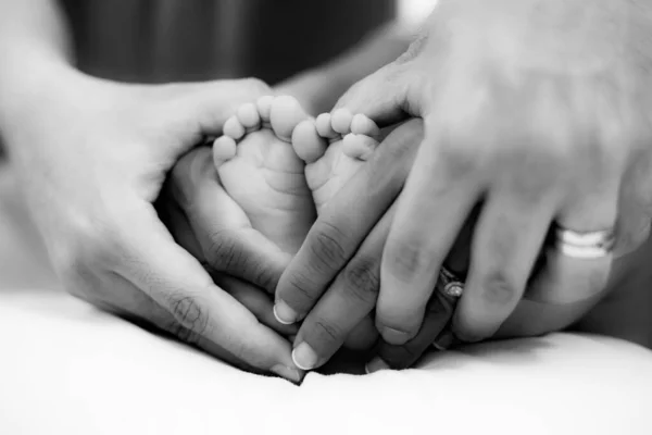 Grayscale Baby Feet Parent Hands — Fotografia de Stock