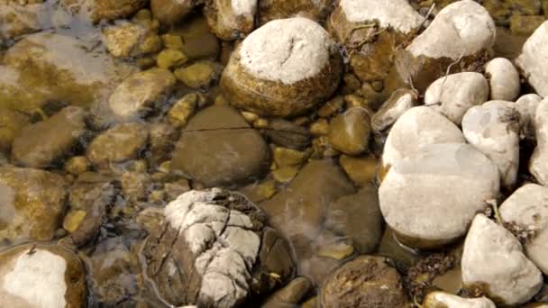 Verticaal schot van rotsen in een stromend water — Stockvideo