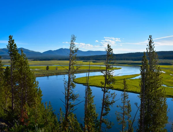 Krajina Řeky Obklopené Kopci Zelení Yellowstone National Park Usa — Stock fotografie