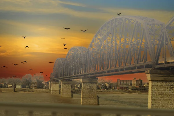 Прекрасный Вид Птиц Летящих Над Мостом Закатом — стоковое фото