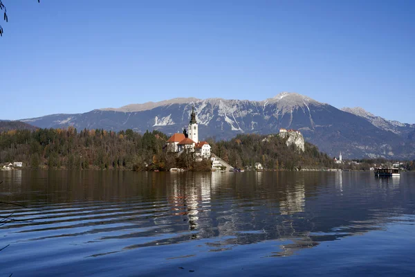 Malownicze Ujęcie Kościoła Otoczonego Jeziorem Lasem Górami Słowenii — Zdjęcie stockowe