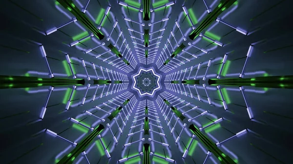 Vykreslování Futuristických Kaleidoskopických Obrazců Pozadí Zářivých Modrých Zelených Barvách — Stock fotografie