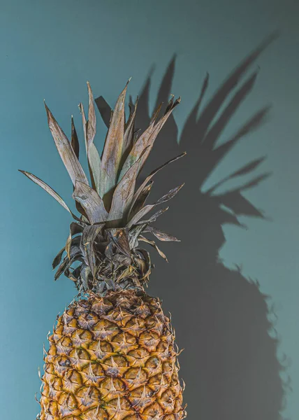 Vertikální Záběr Ananasu Jeho Stínu Izolovaného Zeleném Pozadí — Stock fotografie