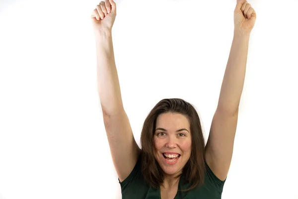 Girl Long Hair Brown Eyes Her Arms Raised Victory Expression — Stock Photo, Image
