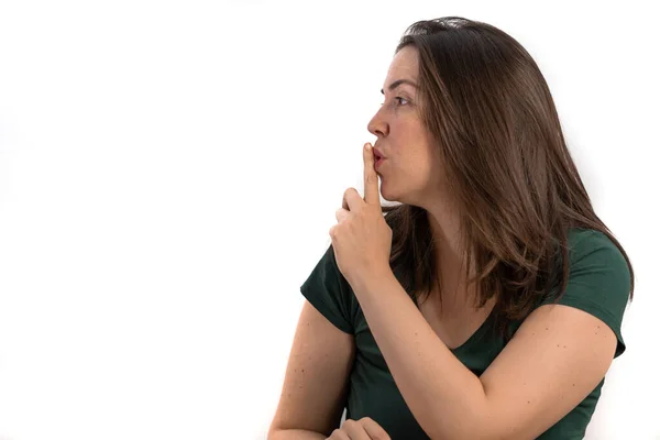 Brunette Girl Profile Asking Silence Finger Lips White Background Copy — ストック写真