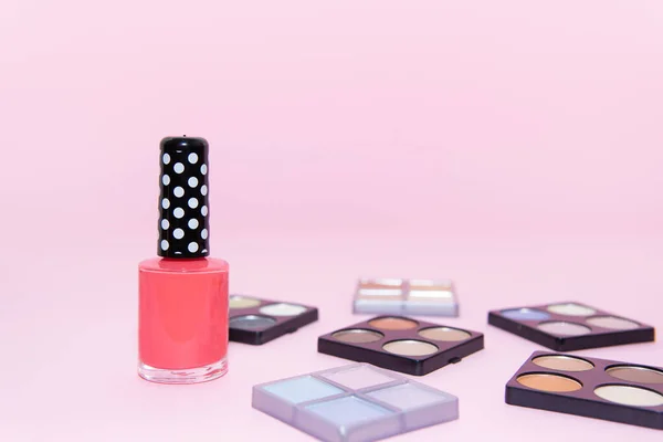 Make Set Various Colors Nail Polish Pink Background Beauty Concept — Stockfoto