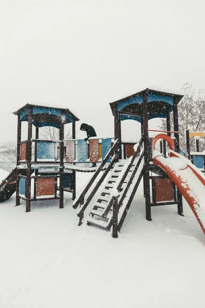 冬の寒い雪の日に遊び場で子供のスライダーの垂直ショット — ストック写真