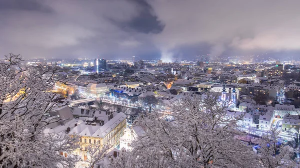Panoramic View City Graz Snowy Winter Night — Stock Photo, Image