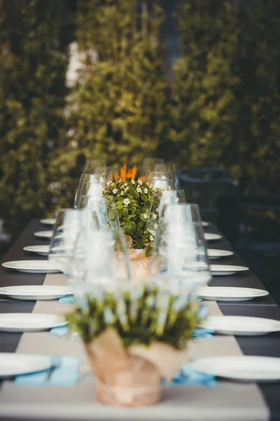 Вертикальный Снимок Сервировки Стола Мероприятия Элегантной Посудой Декоративными Растениями — стоковое фото