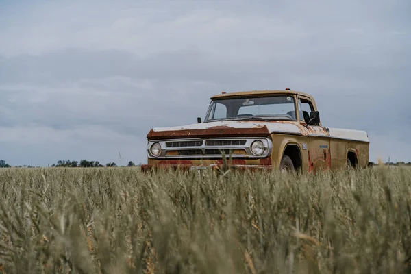 Rusty Vintage Auto Truck Zaparkované Louce Pod Zataženou Oblohou Venkově — Stock fotografie