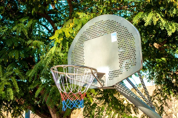 Mandje Basketbal Van Metaal Een Park Met Bomen Straatbasketbal Bij — Stockfoto