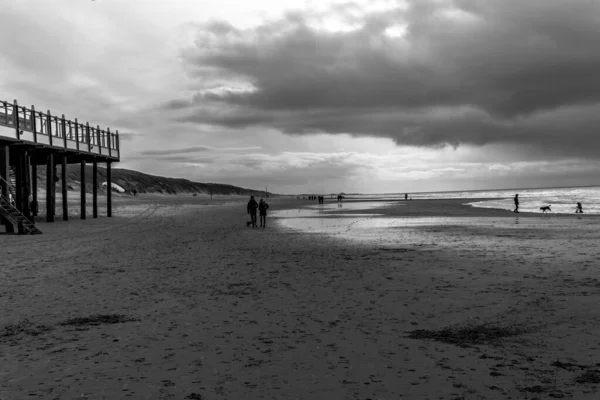 View Beach People Cloudy Day Grayscale — Stockfoto