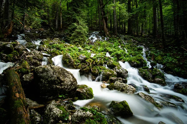 Krásná Scenérie Vody Pěnou Zelených Mechových Skalách Lese Zelenými Stromy — Stock fotografie