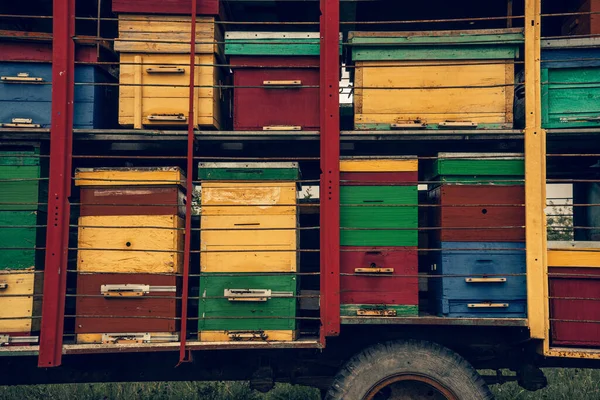 Nahaufnahme Eines Lieferwagens Mit Bunten Bienenstöcken — Stockfoto