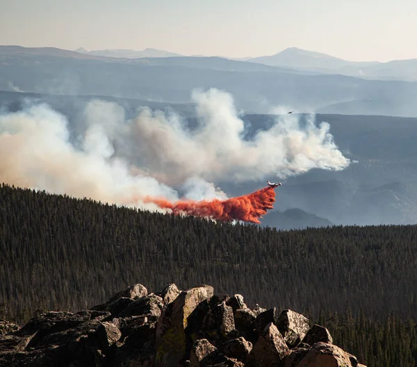 Tiro Hipnotizante Avião Numa Floresta Chamas Tentar Extinguir Fogo — Fotografia de Stock