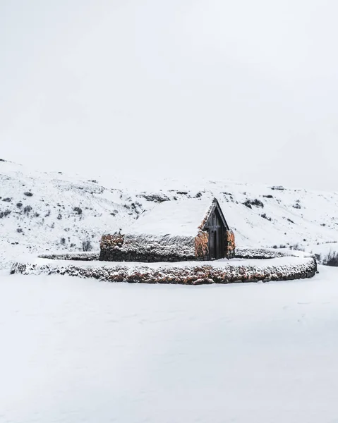 Vertikal Bild Lada Ett Snöigt Landskap Dagsljus — Stockfoto
