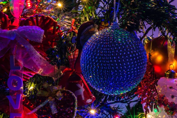 Beautiful Festive Background Glowing Decorations Christmas Tree — Stock Photo, Image