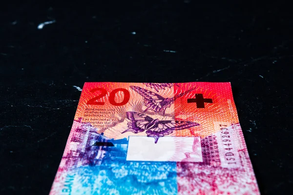 Closeup Shot Swiss Franc Banknote Isolated Dark Background — Stock Photo, Image