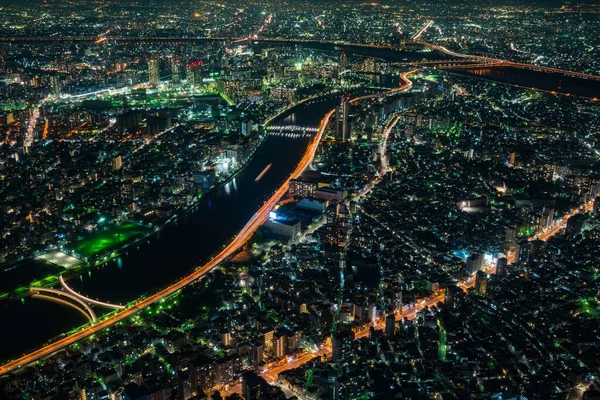 Zdjęcie Lotnicze Podświetlanego Miasta Tokio Sakura Bashi Shirahige Bridge Nad — Zdjęcie stockowe