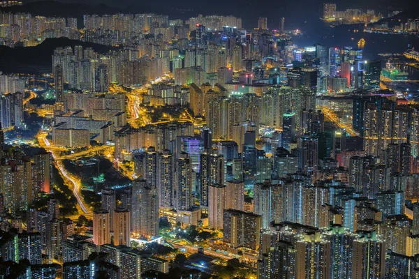Αεροφωτογραφία Του Φωτισμένου Χονγκ Κονγκ Νύχτα — Φωτογραφία Αρχείου