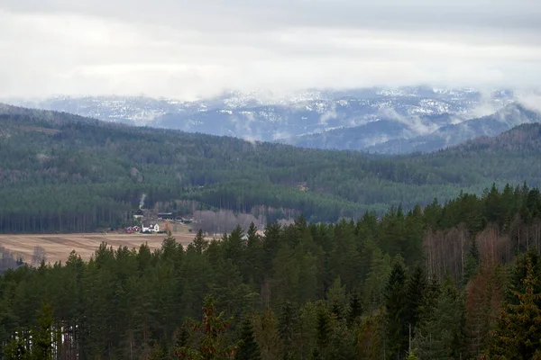 Norveç Çiftlikleri Karlı Tepeleri Olan Sisli Bir Arazi — Stok fotoğraf