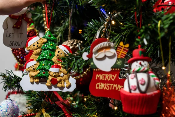 Beautiful Decorations Ornaments Hanging Christmas Tree Lights — Stock Photo, Image