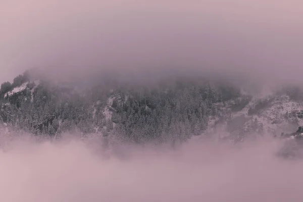 雪の山の近くに霧のピンクの雲の美しいショット — ストック写真