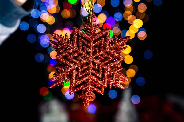 Closeup Shot Snowflake Decoration Bokeh Christmas Lights — Stockfoto