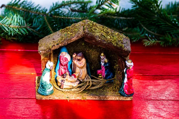 Presépio Com Bebê Jesus Contra Fundo Natal — Fotografia de Stock