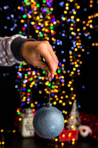 Man Holding String Decoration Bokeh Christmas Lights — 图库照片