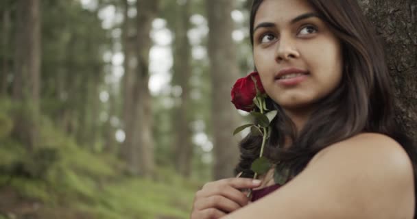 Індійська Жінка Тримає Червону Троянду Парку — стокове відео