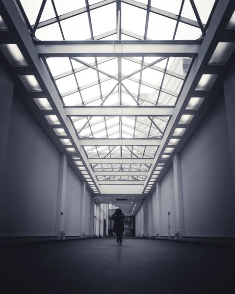 Back View Person Walking Hall Modern Building Glass Ceiling — Stock Photo, Image