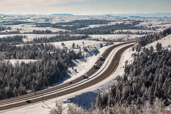 Tiro Aéreo Estradas Inverno Alinhadas Com Neve Árvores Alpinas Longo — Fotografia de Stock