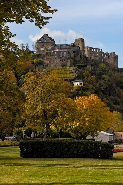 秋天联合国教科文组织世界文化遗产所在地莱茵河谷圣高雅尔的莱因费尔斯城堡 — 图库照片