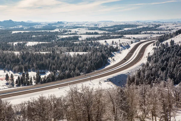 Tiro Aéreo Estradas Inverno Alinhadas Com Neve Árvores Alpinas Longo — Fotografia de Stock