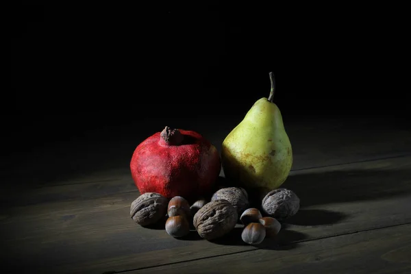 Still Life Closeup Various Fruit Red Pomegranate Pear Some Walnuts — 图库照片