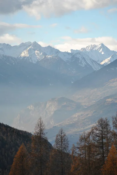 Landschaft Der Italienischen Alpen Von Pila Aus Aostatal Mit Waldbäumen — Stockfoto
